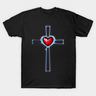 Cross Ruby Red Gemstone Heart T-Shirt